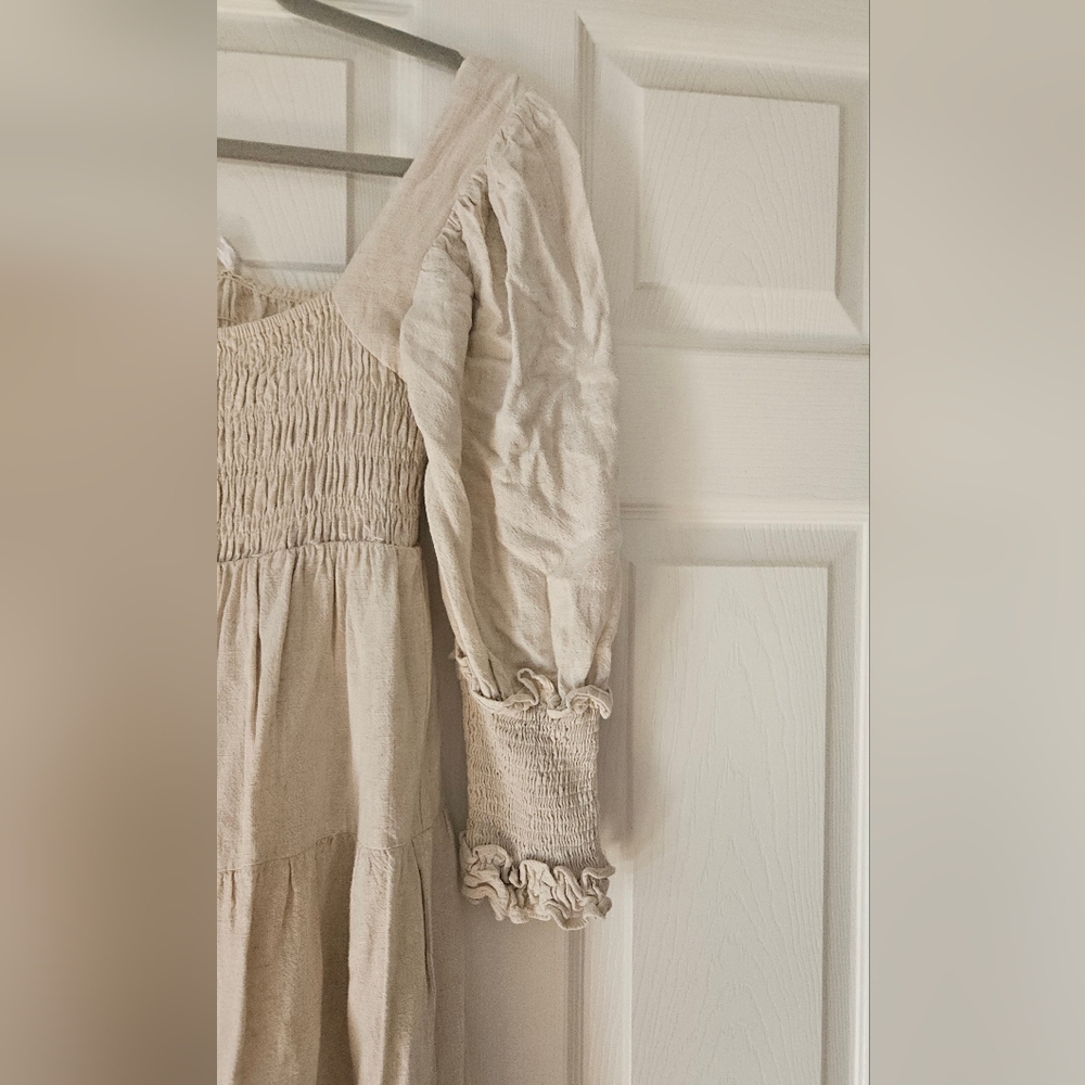 Girl and the Sun Bambi Maxi Dress XS Oatmeal Linen Blend Cottagecore Smocked - Picture 7 of 9